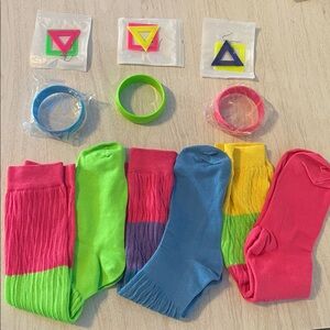 80s Vibrant Socks and Triangle Earrings and bracelets.